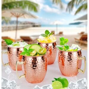 NEW 4 Hammered‎ Copper Moscow Mule Mugs 16oz Stainless Steel Lined Gold Handle